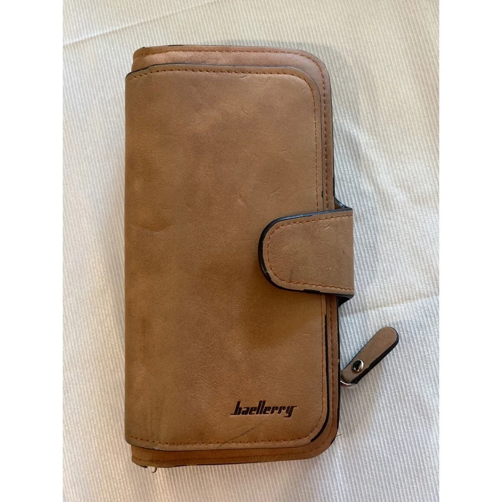 Baellerry Tan‎ Faux Leather Long Bifold Wallet Snap Zip Card Slots ID Window